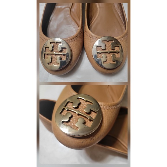 TORY BURCH Women's Ballet Flats Leather Slip-on Royal Tan Gold Logo SZ 6M - Picture 10 of 11